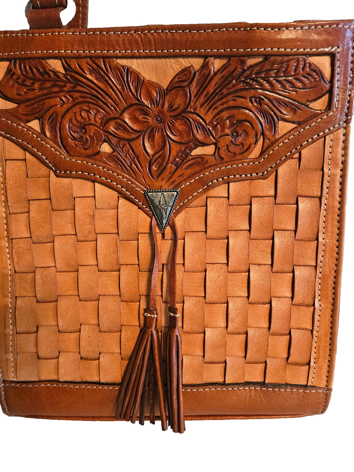 VINTAGE AMERICAN WEST Purse Hand Tooled Leather Satchel Handbag Basket Weave EUC