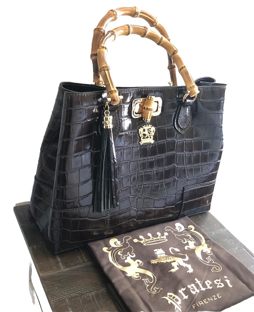 Pratesi Firenze genuine leather satchel with bamboo handles New
