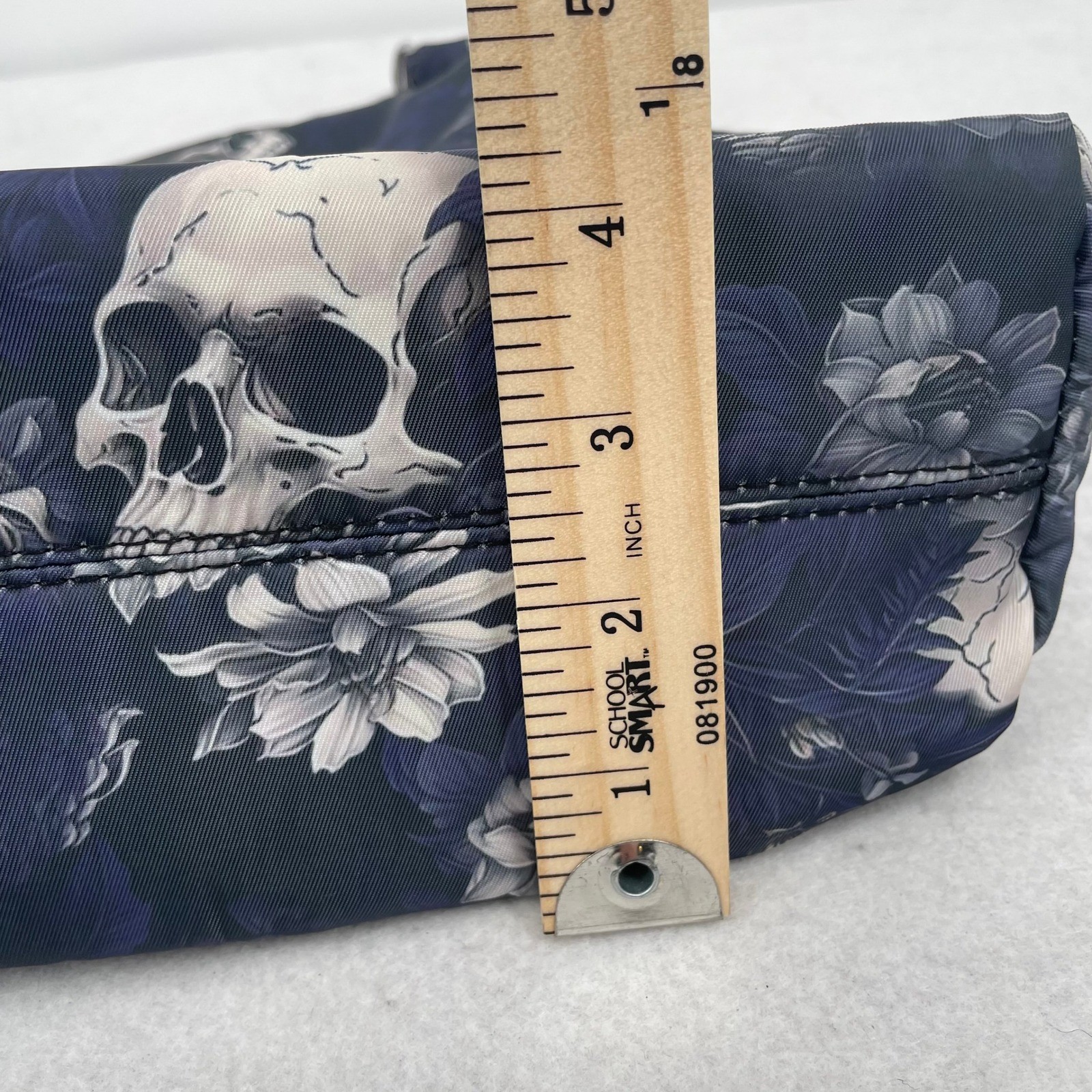 Meiduola YYDS Skull Floral Gothic Nylon Tote Bag Navy Blue Silver Chain Straps