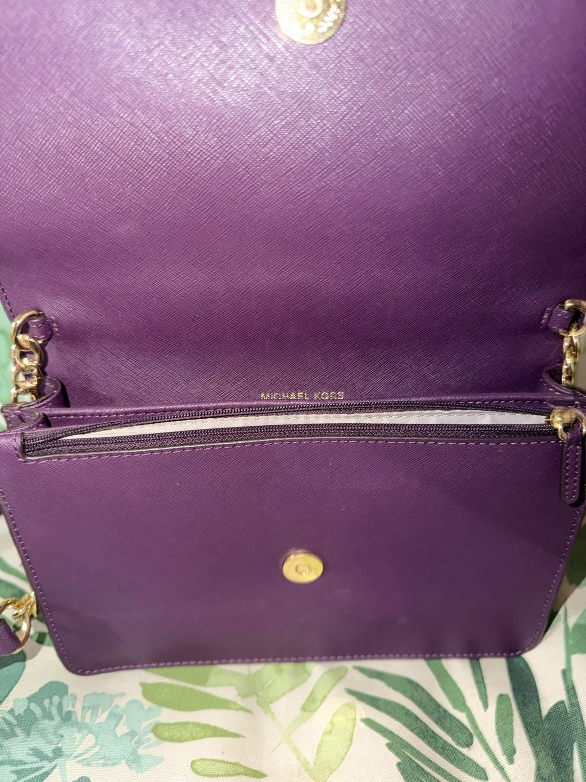 Michael Kors Purple Flap Crossbody Bag Small Snap Zip Gold Chain Detachable