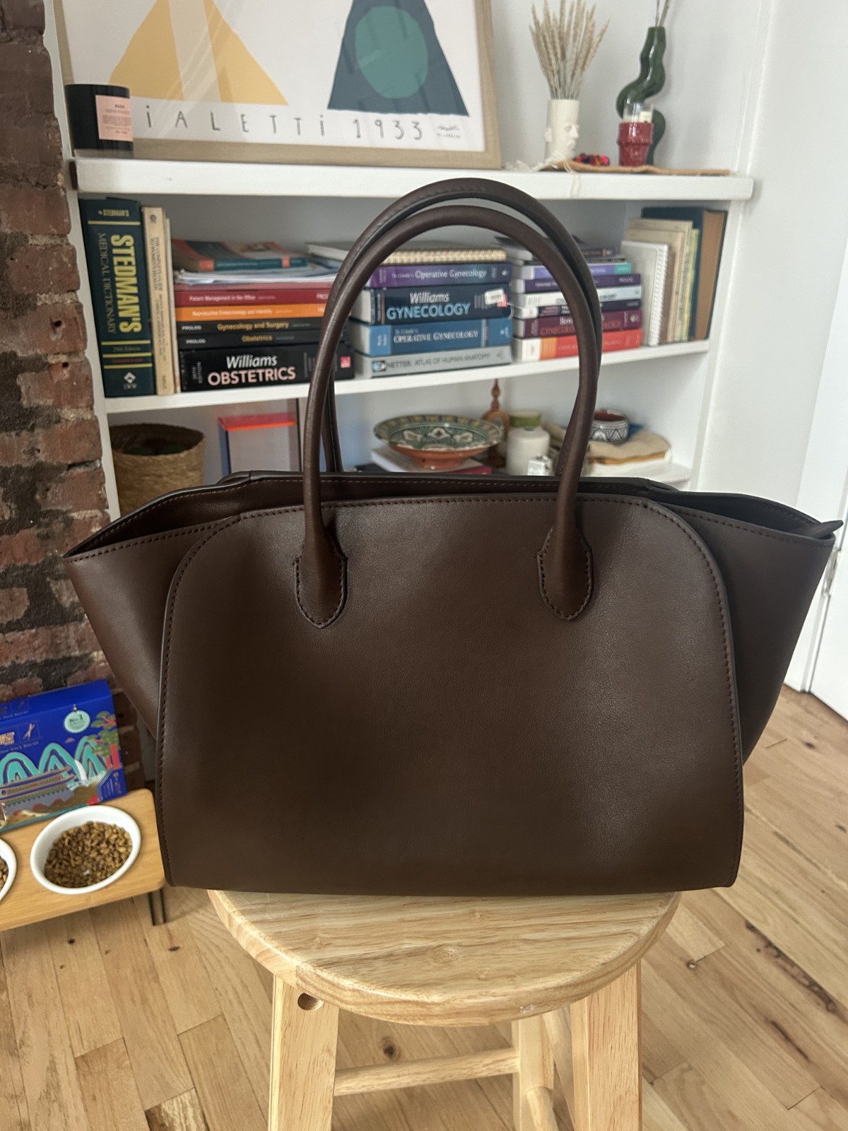 The Row Marlo Bag 14inches in Walnut Shadow, retails for $3,950