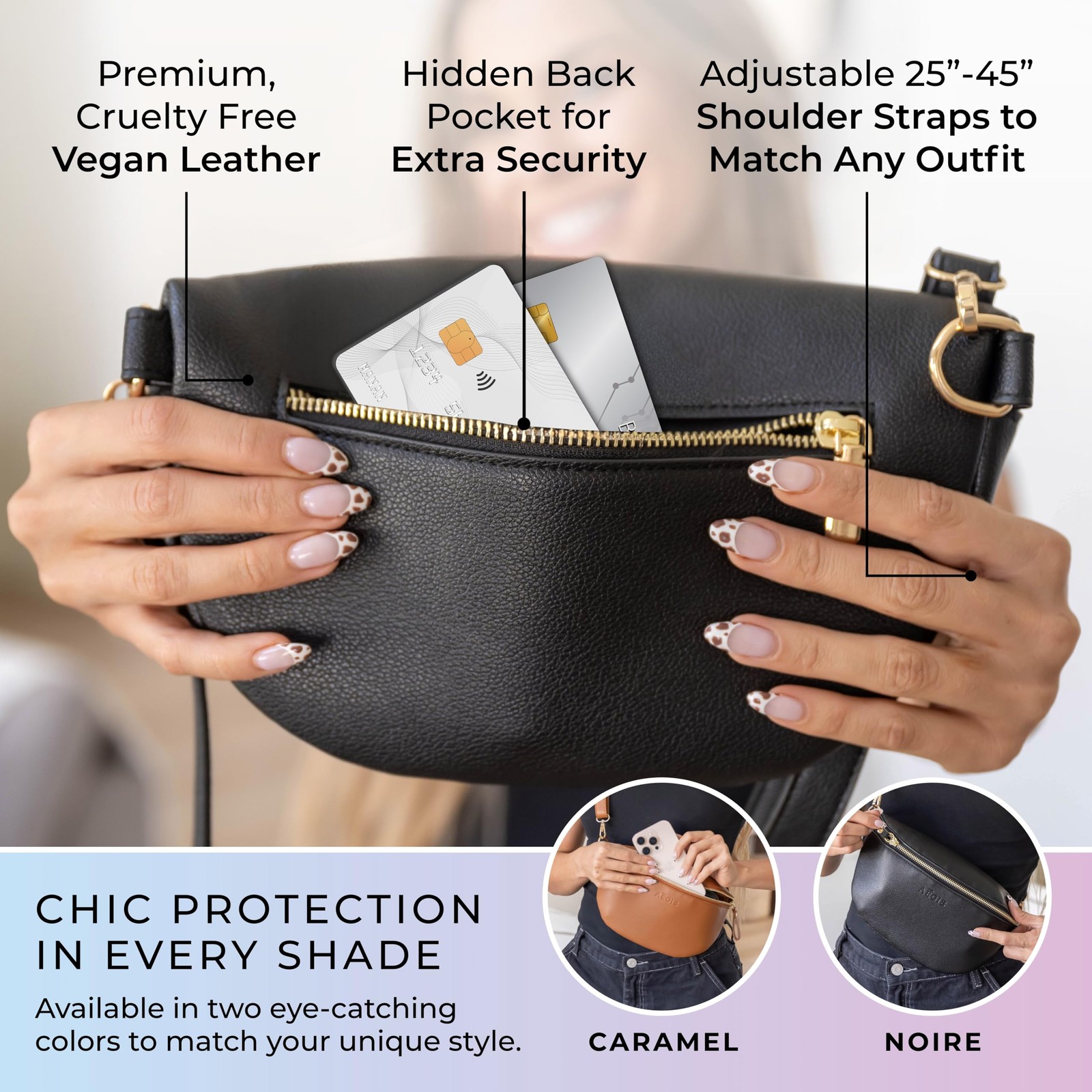 Anti-Theft RFID Crossbody Bag for Travel | Faraday Fabric, 2 Straps, Black