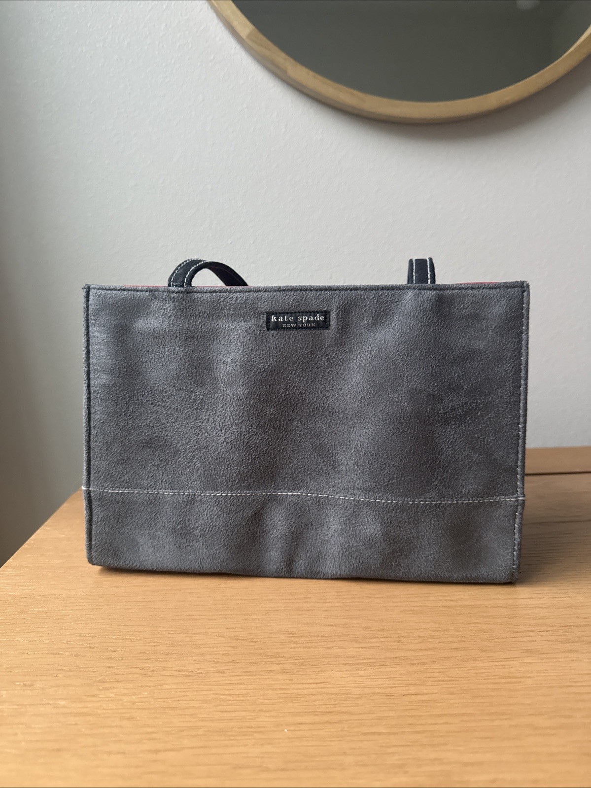 Kate Spade New York Gray Suede Mini Tote Bag Black Webbing Strap Snap Closure