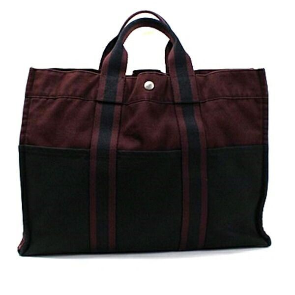 Hermes Authentic Fourre Tout MM Canvas Tote Bag Black Wine Red 43x30x9 cm Used