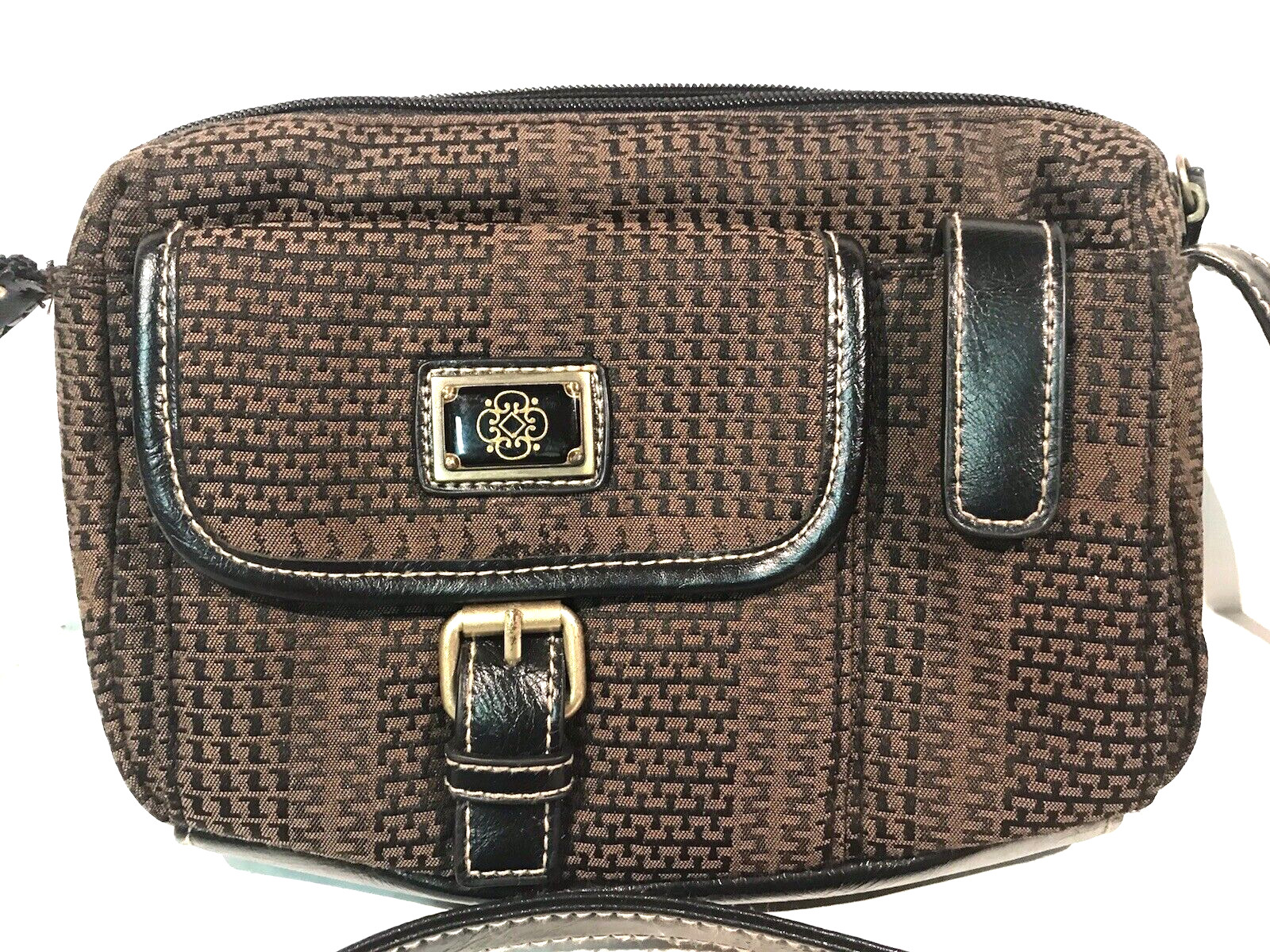 Purse Brown Plaid Design Black Trim Shoulder Strap Buckle Accent Zip & Snap VTG