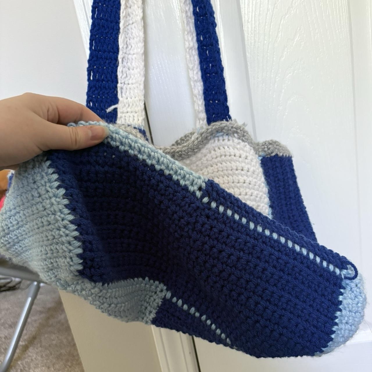 Handmade Crochet Colorblock Tote Bag Shoulder Strap Blue White Light Blue Gray