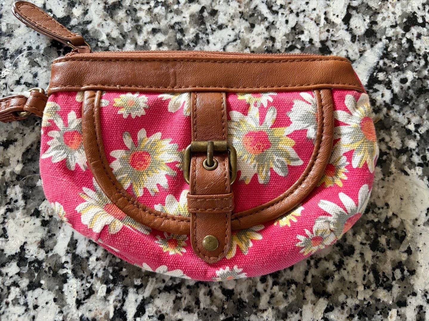American Eagle Pink Daisy Floral Canvas and Faux Leather Wristlet