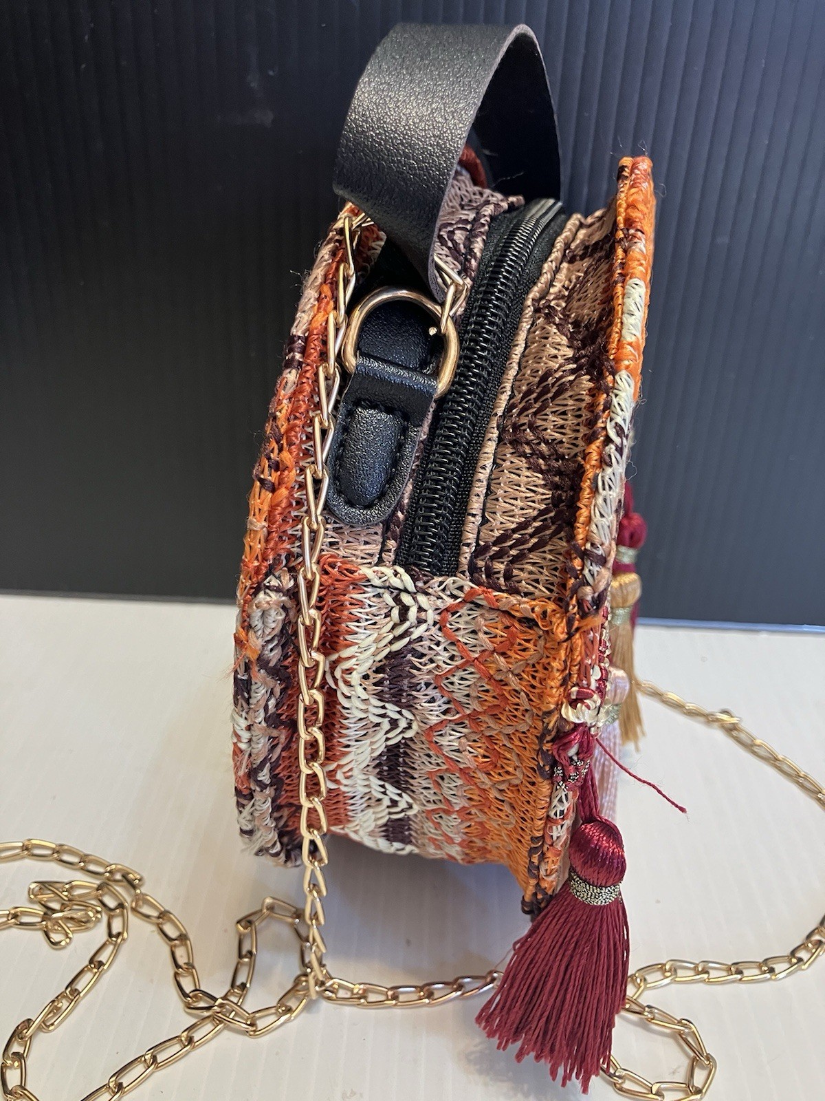 New Embroidered Crossbody Hat Box Bag Tassel Boho Purse Clutch Strap & Chain
