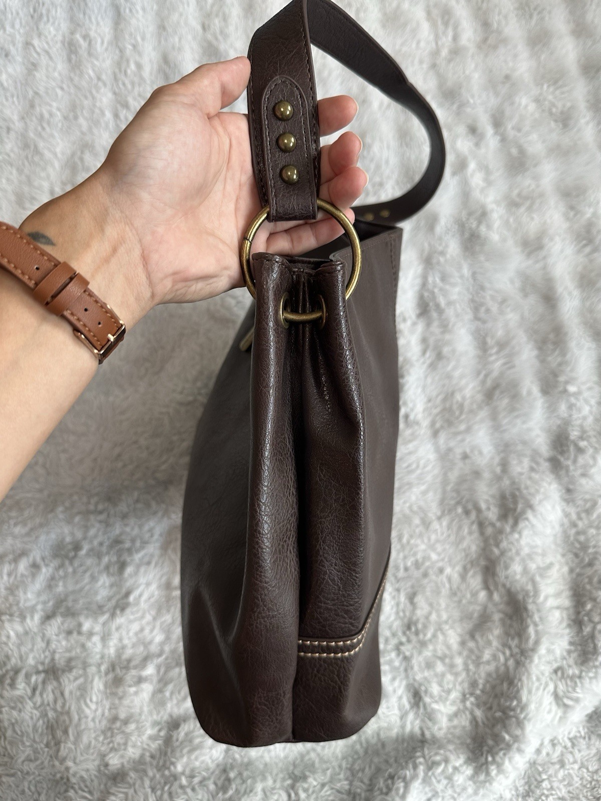 Montana West Brown Shoulder Bag, Zip Closure, Gold Hardware, Inner/Outer Pockets