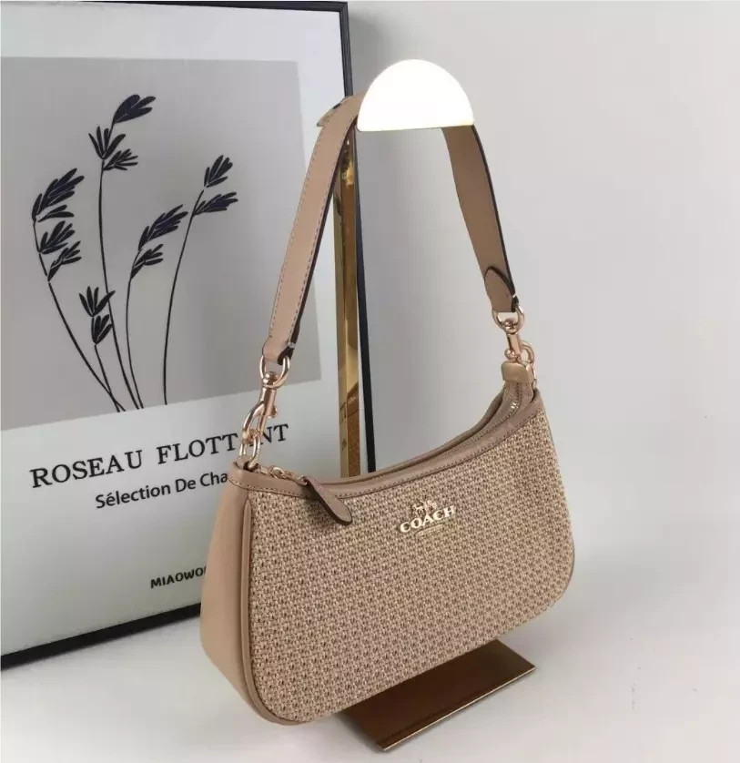 COACH CR350 Teri Shoulder Bag Crossbody Straw Leather Latte Outlet