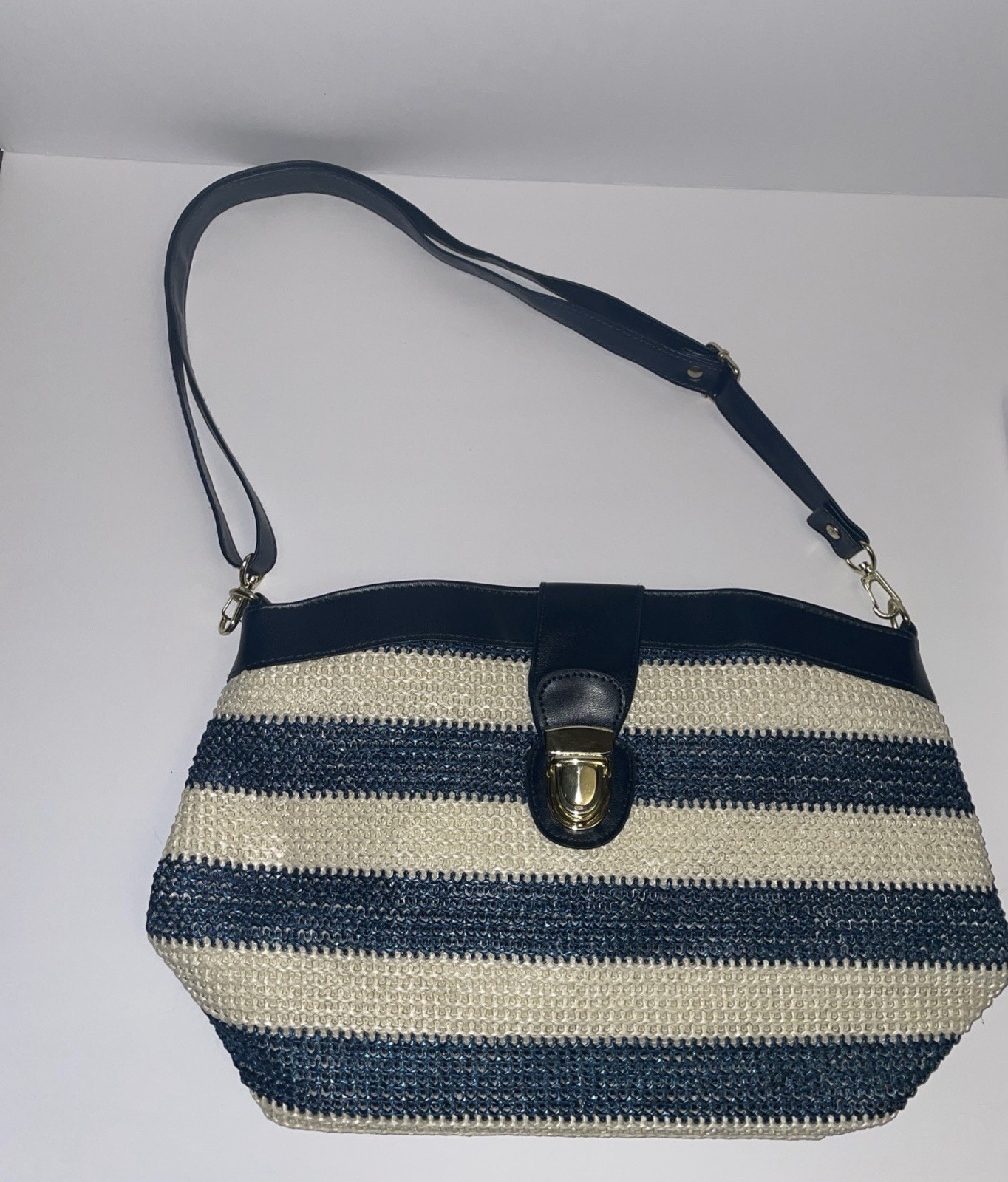 Blue/White Striped Medium Women’s Shoulder Bag w/ Buckle, Detachable Strap