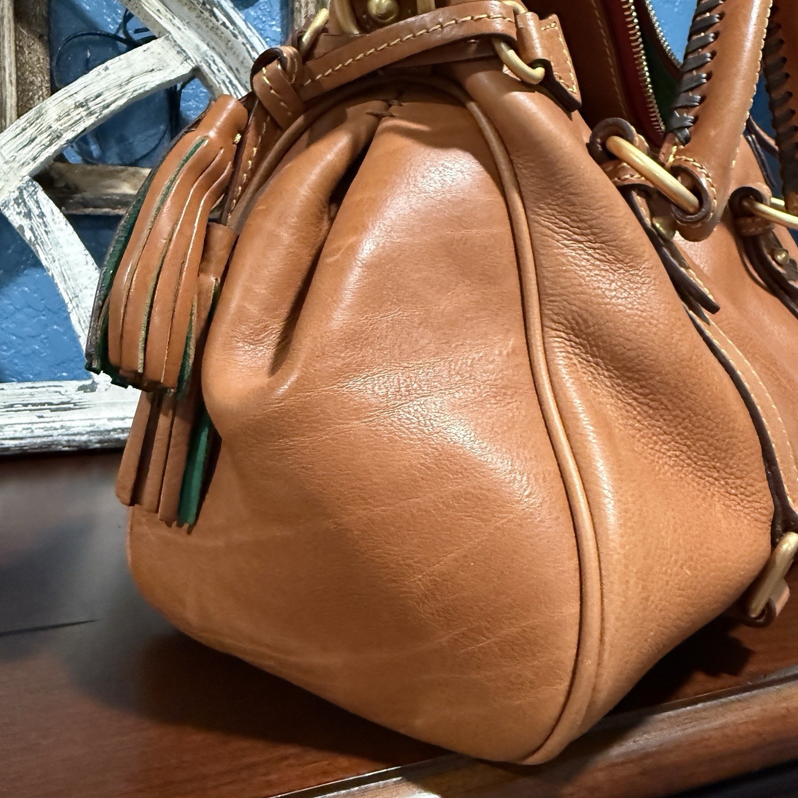 Dooney & Bourke Florentine Natural Satchel, Zip Tassel, Strap, Gold, Pockets