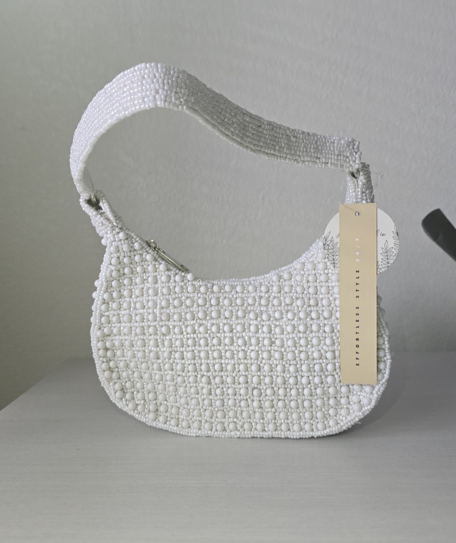 white beaded pearl shoulder bag baguette edding evening, handbag