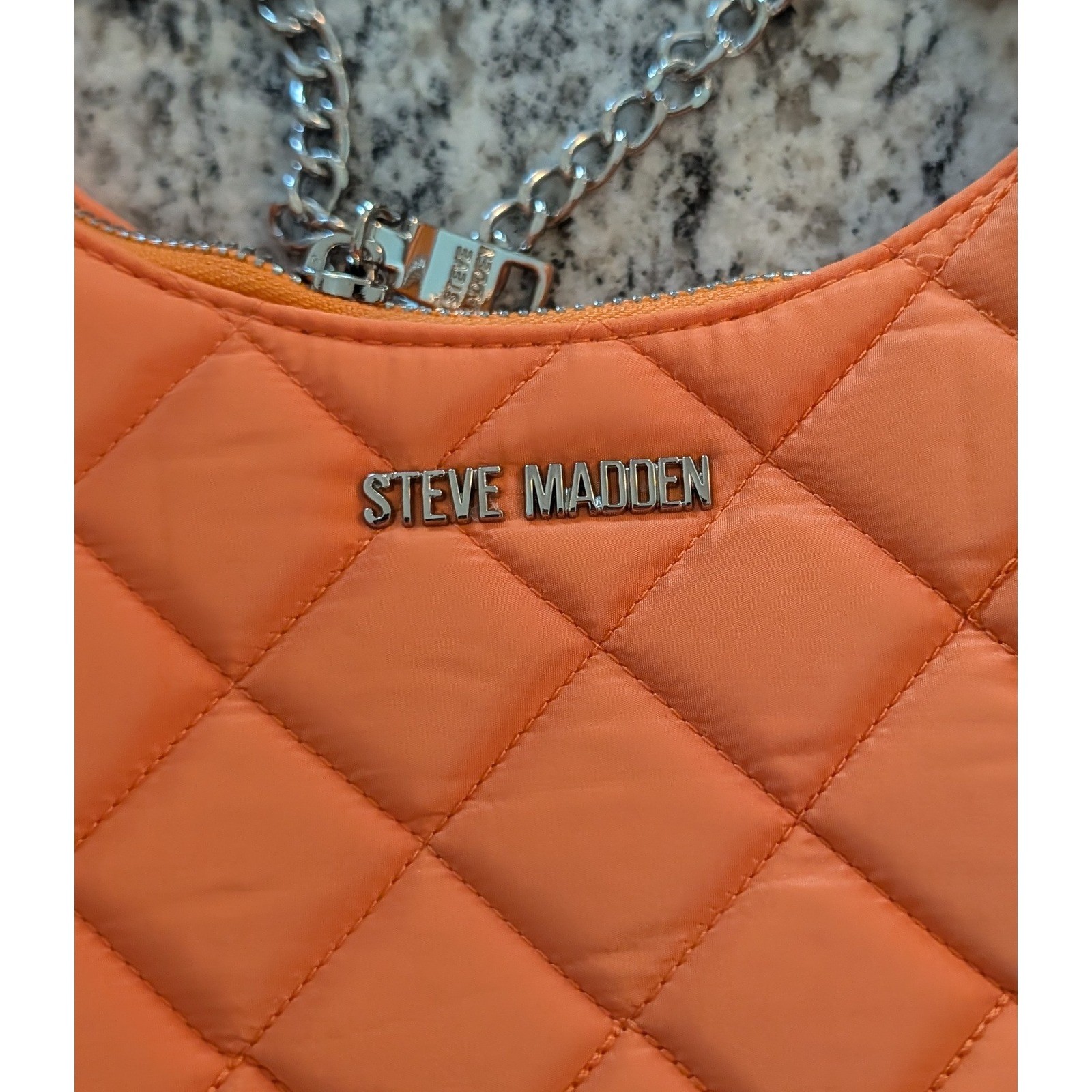 Steve Madden BVITAL-Q Orange Quilted Nylon Crossbody Bag with Chain and Pouch
