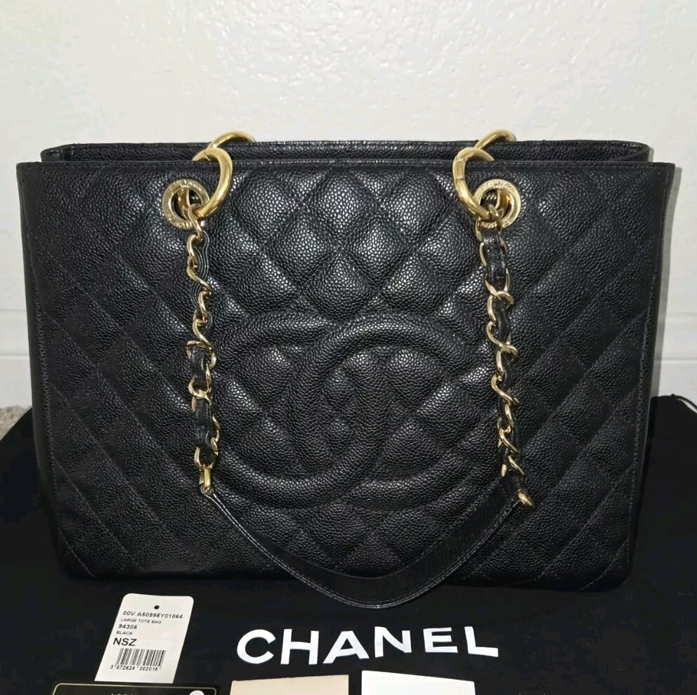 Auth CHANEL Caviar Quilted Grand Shopping Tote GST Black