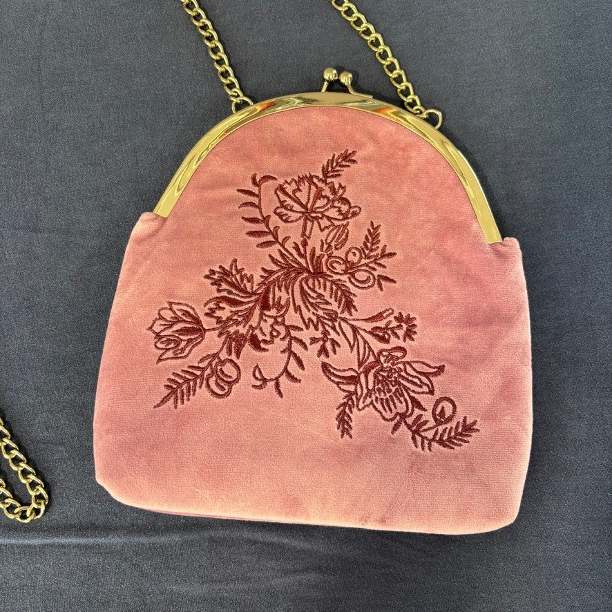 Fable England Rose Pink Velvet Victoriana Embroidered Bag Gold Chain