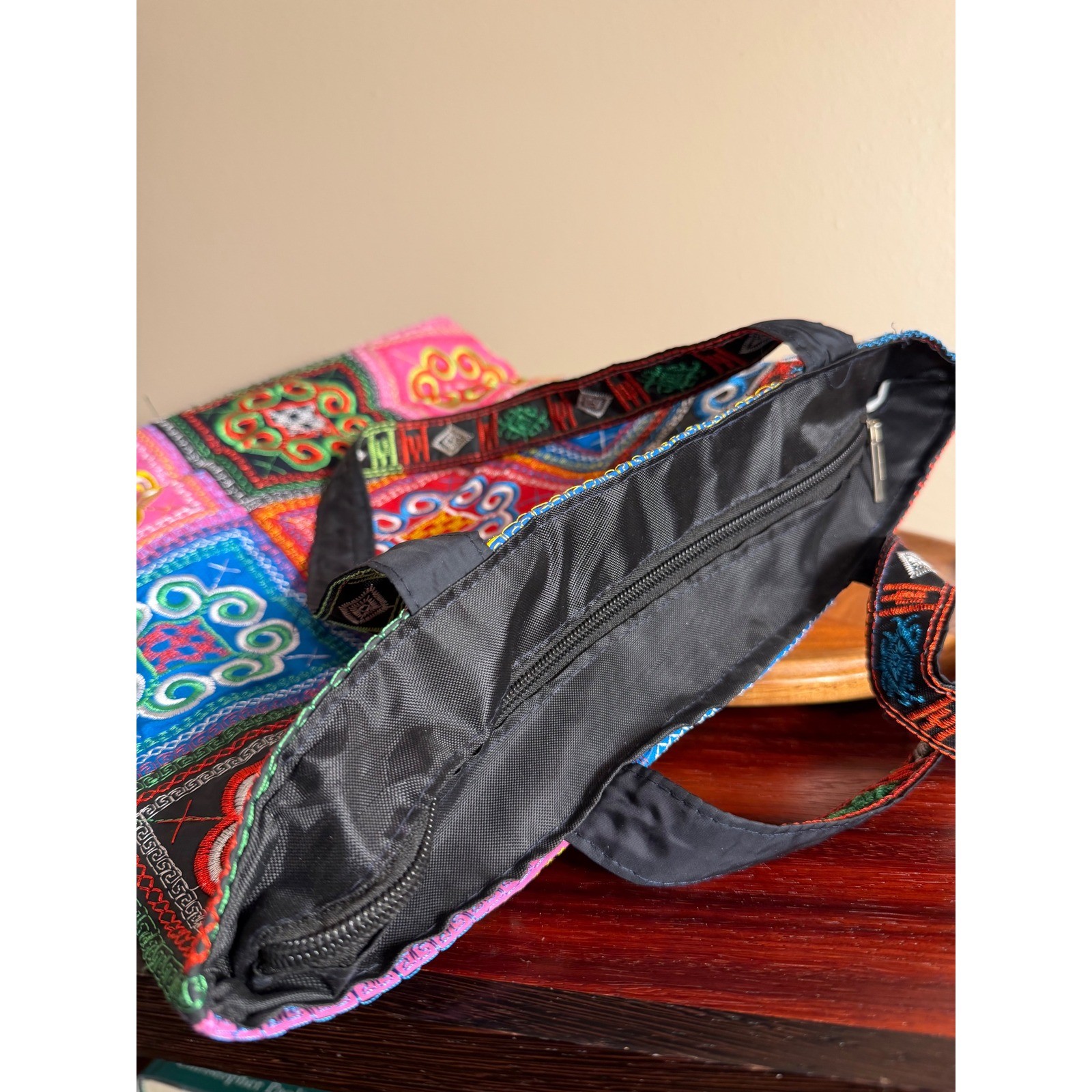 Hmong Embroidered Tote Bag Boho Patchwork Tribal Shoulder Bag Multi Color Zipper