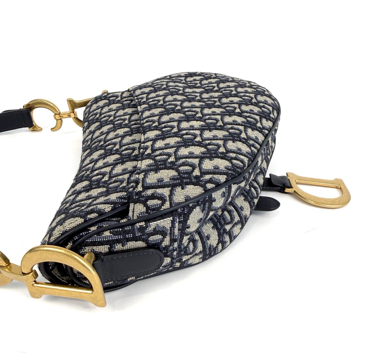 Dior Saddle Bag Navy/Beige Monogram Gold Hardware Zipper Detachable Strap