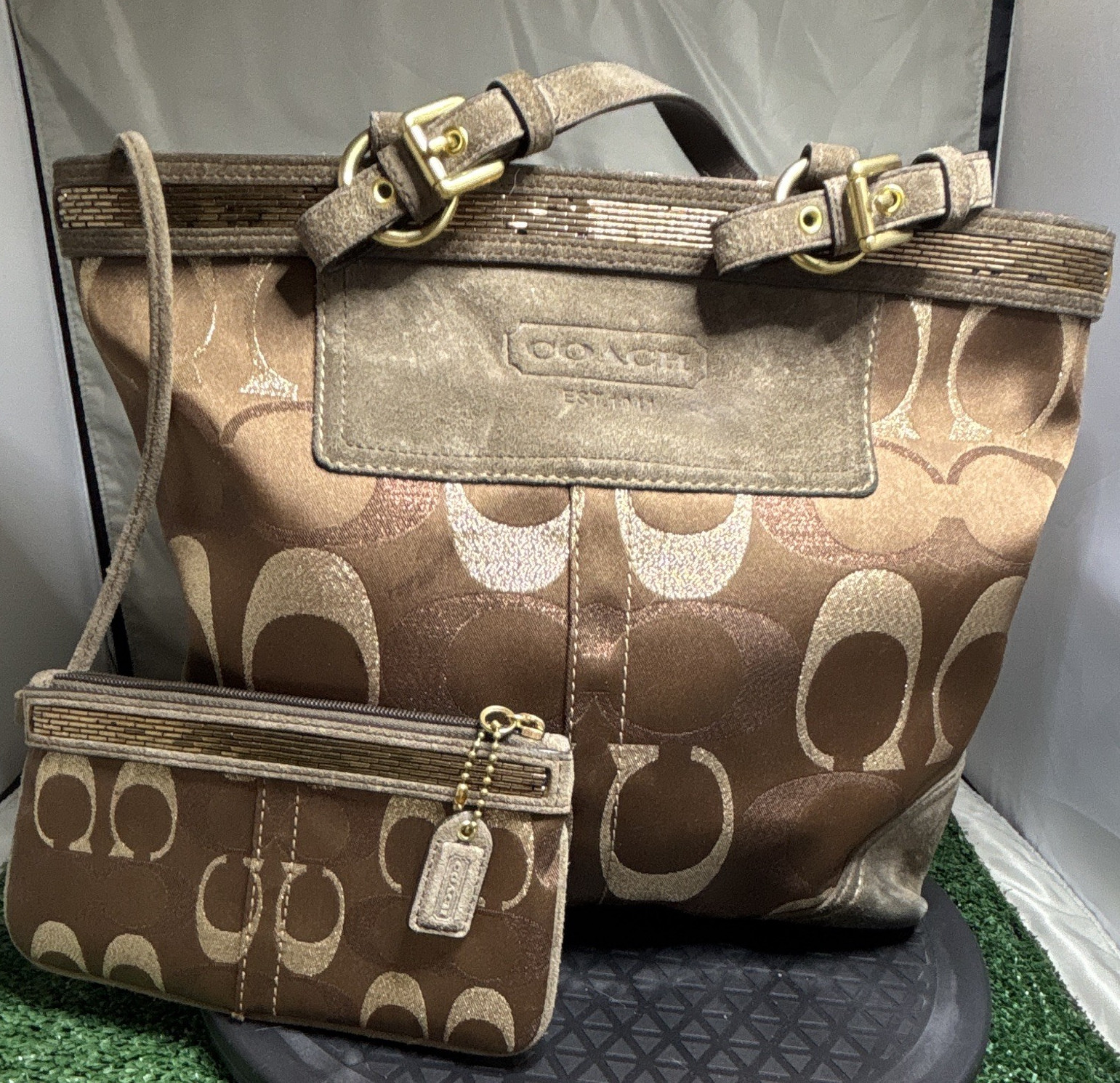 coach signature logo brown satchel zip w/ strap gold hw + zip wristlet pouch