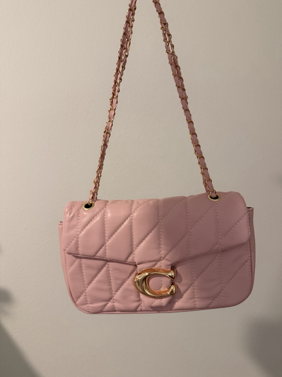 Pink Quilted Small Shoulder Bag Purse Chain Strap Detachable Strap Gold Hardware