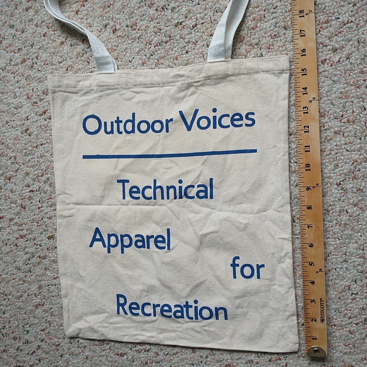 Outdoor Voices Tote Bag Cream Fabric Canvas Logo Spell Out Reusable 15×15″