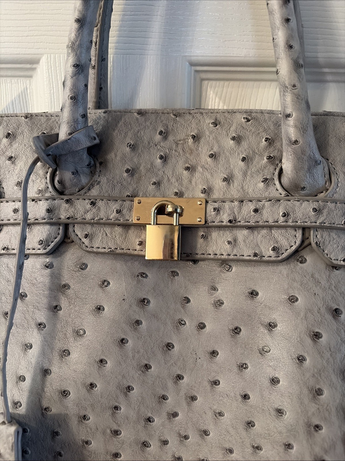 Penelope Ann Ostrich Skin Faux Leather Hand Shoulder Bag Gray/blue Oversized