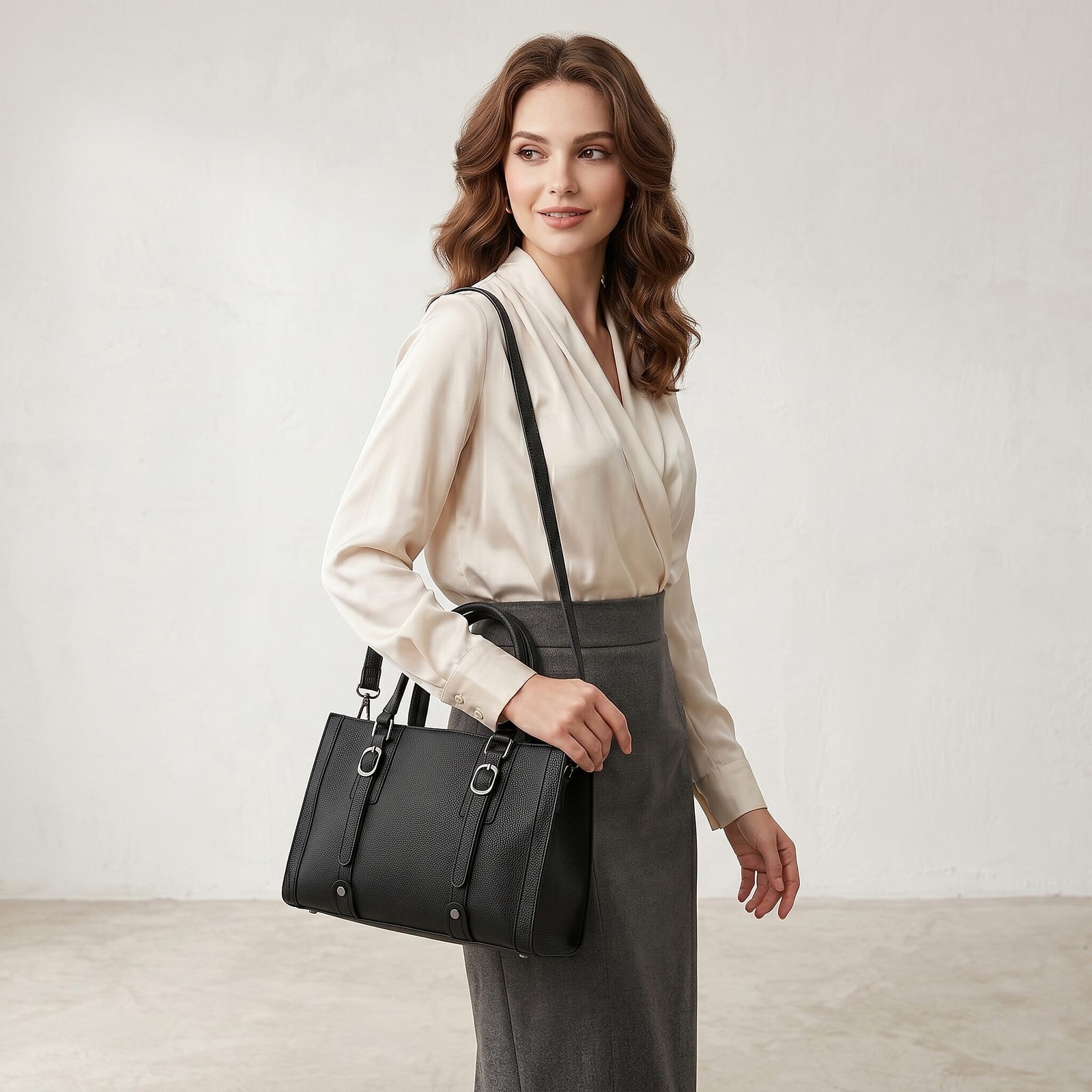 Black Herringbone Pattern Genuine Leather Crossbody Adjustable Shoulder Strap