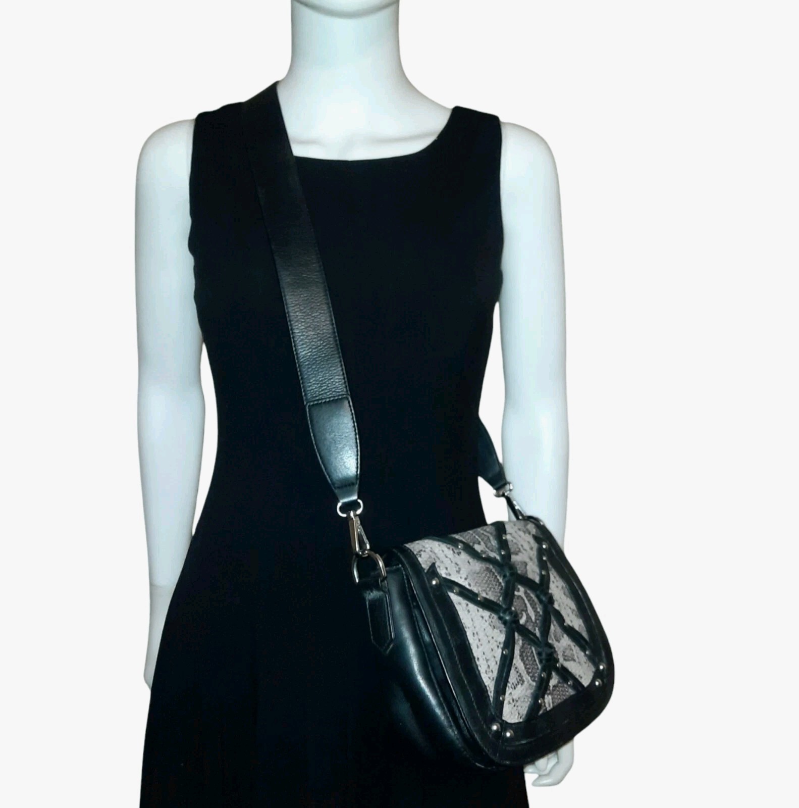 JOELLE HAWKENS Sadie Leather Crossbody Bag w/Snake Print Front Flap Black/Tan