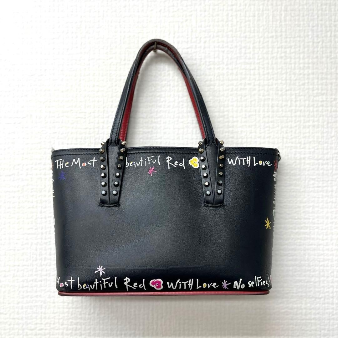 Christian Louboutin Cabata Mini Loubitag Spikes Leather 2Way Tote Bag Black Red