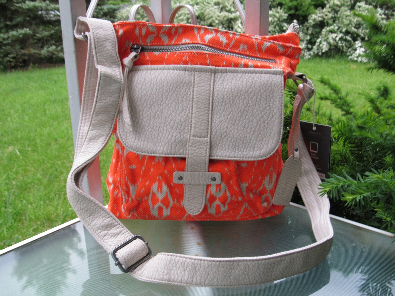 Pistil Beige/Orange Print Canvas Tablet Compatible Crossbody Shoulder Bag Purse