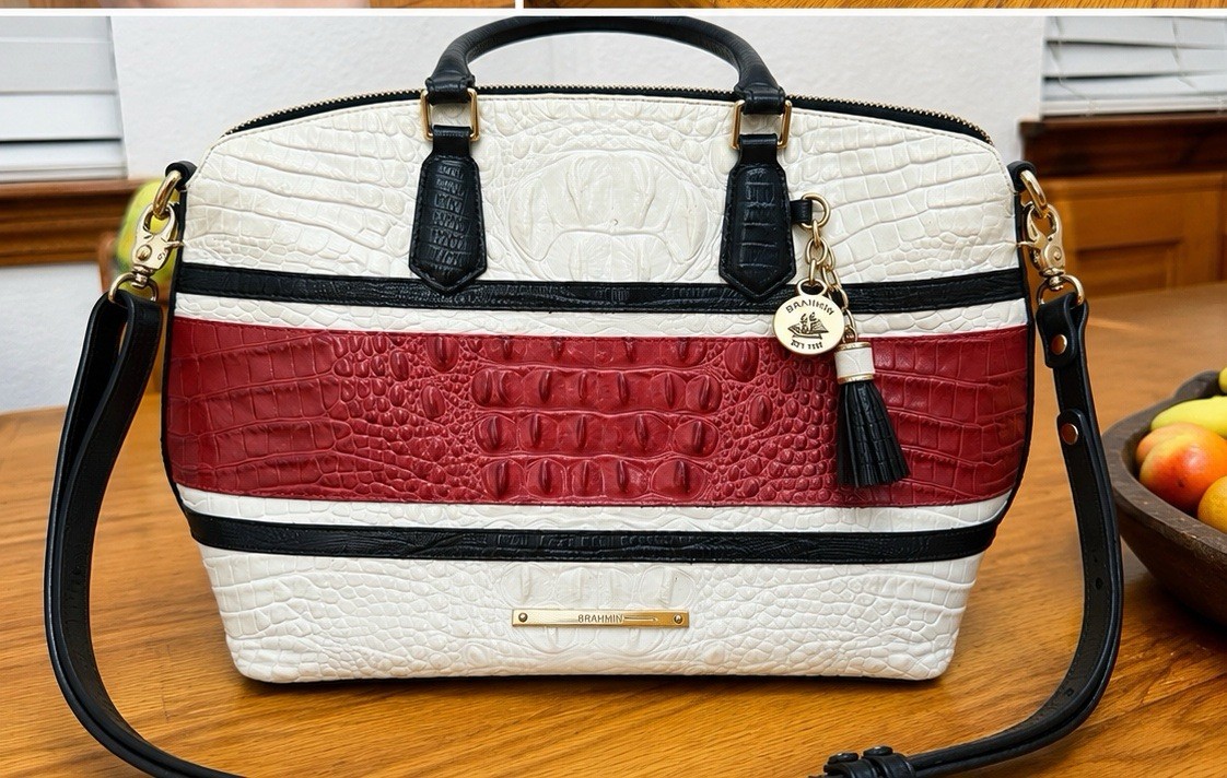 Brahmin Medium Satchel Top Handle Croc Embossed White Red Black Gold Zip Strap