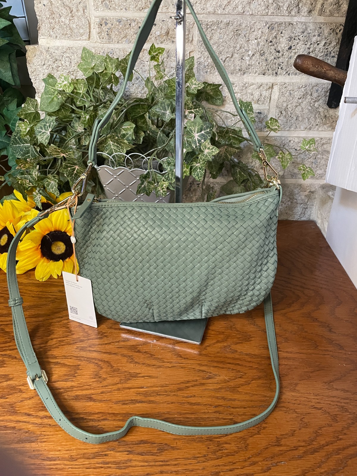 NWT QUINCE ITALIAN LEATHER MINI HANDWOVEN CRESCENT CROSSBODY SAGE BAG MSRP$120