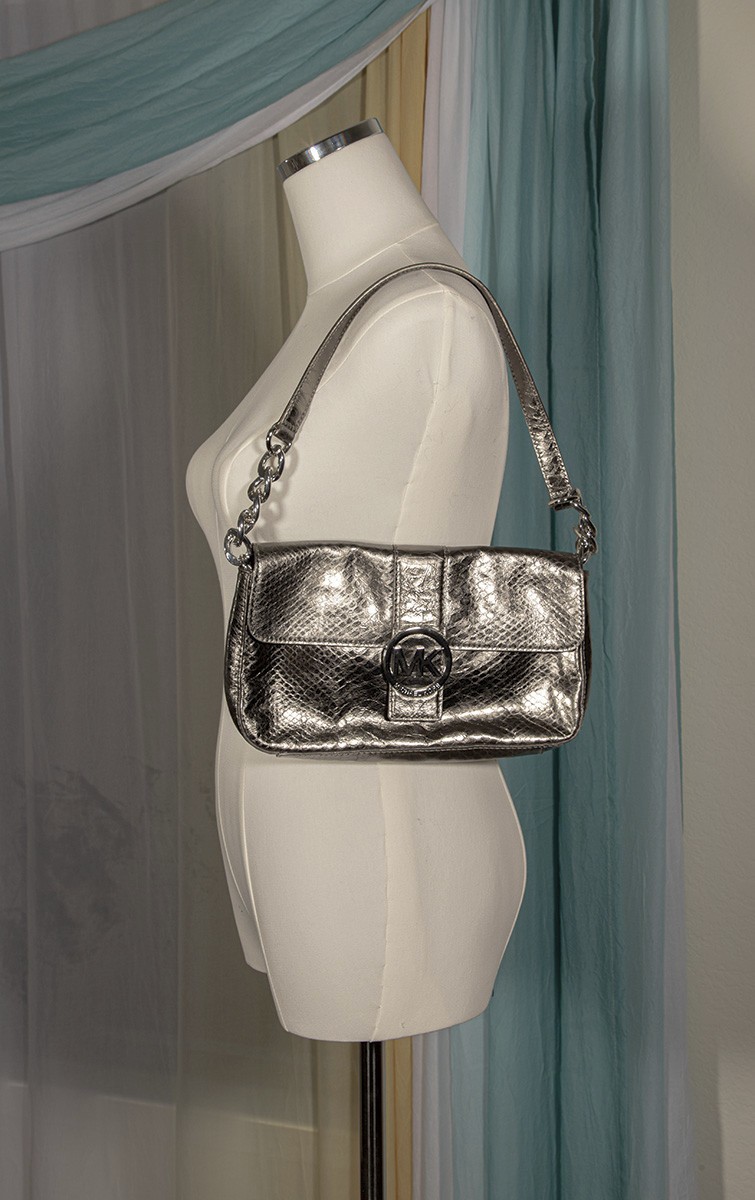 Michael Kors Snakeskin Metallic Grey Python Embossed Italian Leather Purse Bag