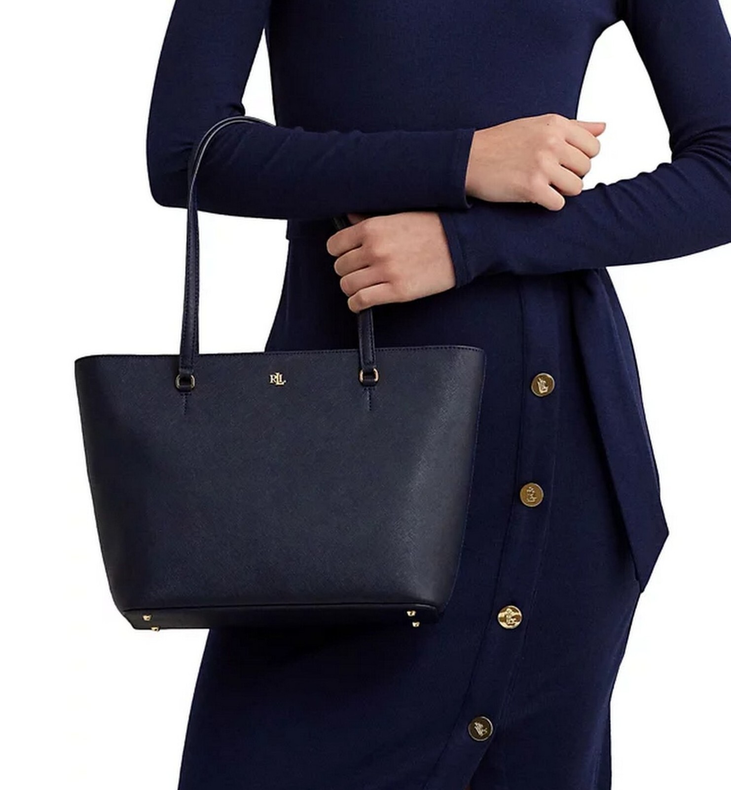 Ralph Lauren Crosshatch Leather M Sophisticated Karly Tote Shopper Bag Navy $225
