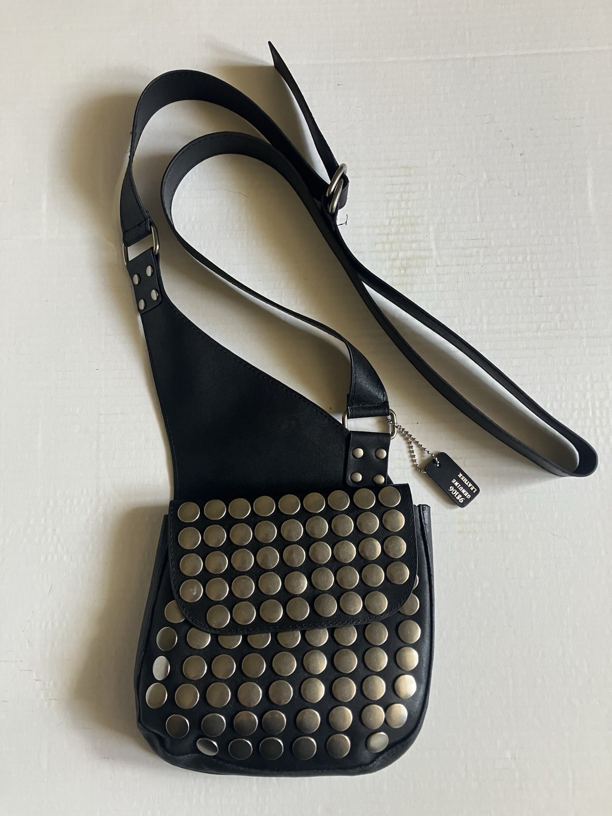 Studded Genuine Leather Crossbody Bag Adjustable Strap Snap Closure Unisex