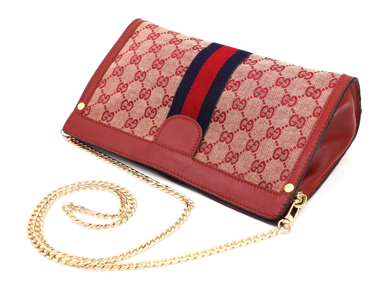 GUCCI VINTAGE GG Canvas Shoulder Bag Chain Strap Sherry Red Rare Authentic
