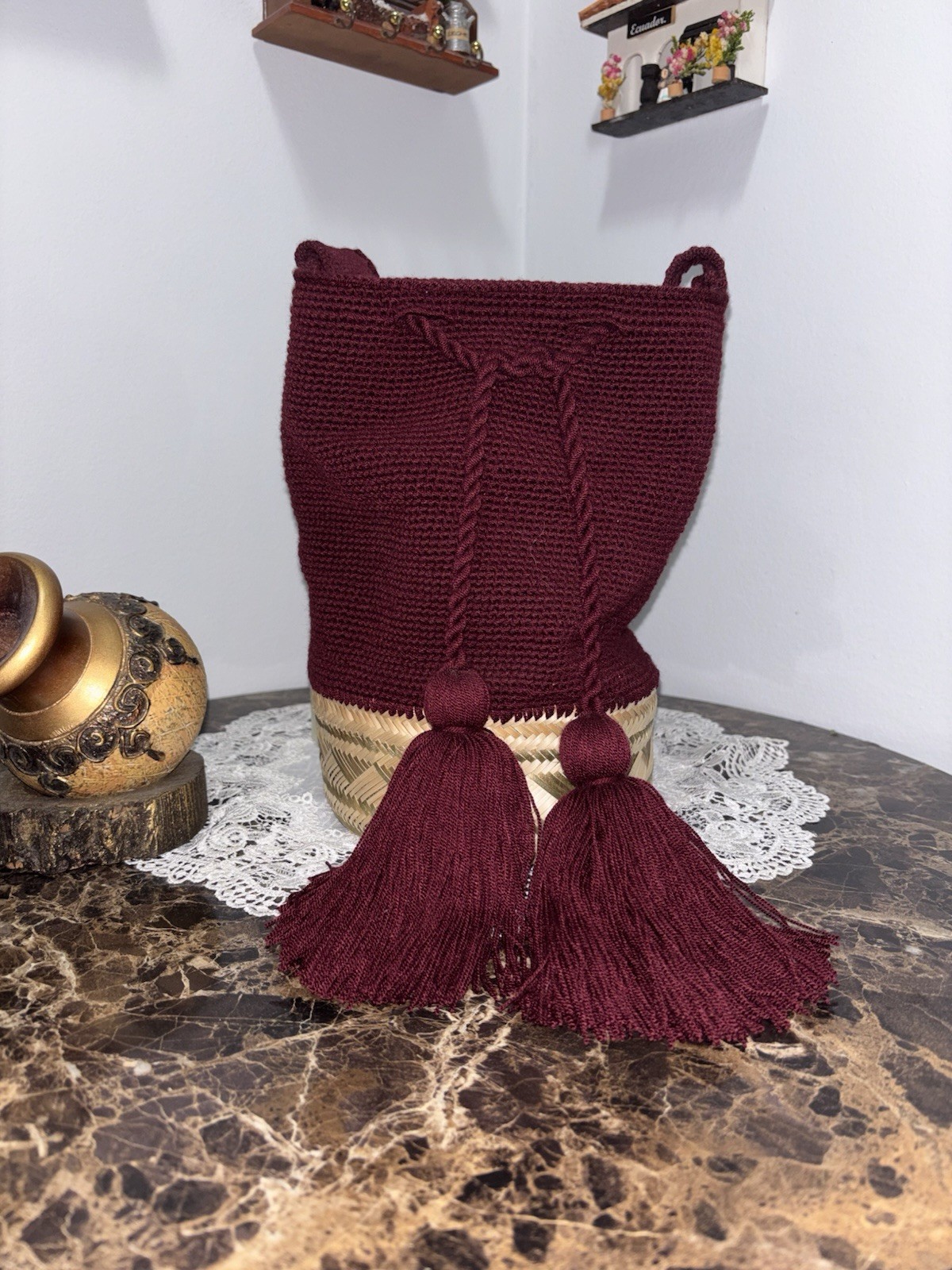 Burgundy Women’s Bucket Drawstring Bag with Tassel Accents Detachable Strap
