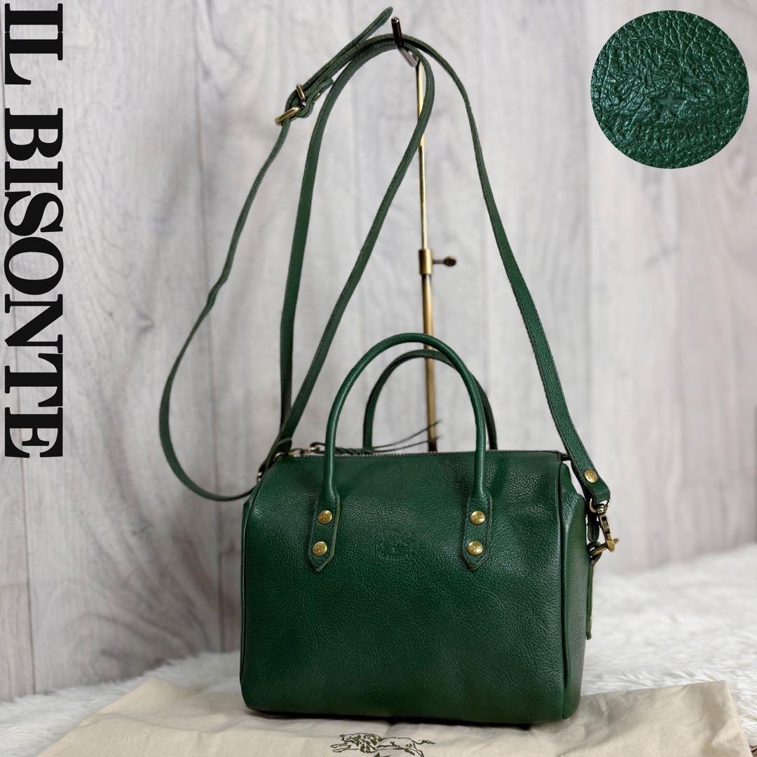 IL BISONTE 2Way Mini Zippy Boston Bag Crossbody Green Leather Used Rare