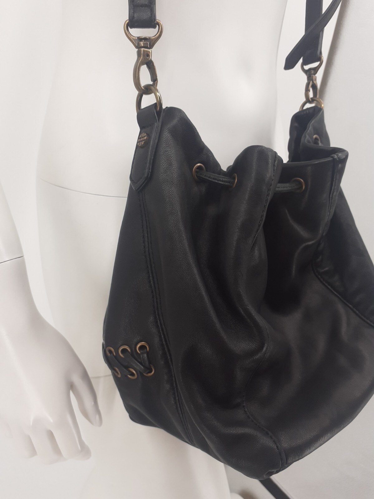 Joelle Hawkens by Treesje Black Leather Crossbody Bucket Purse Handbag Grommets