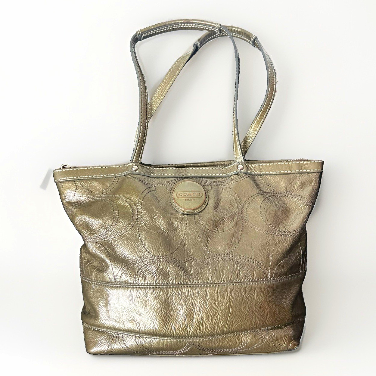 Coach Metallic Bronze Logo Tote Shoulder Bag Zip Top Light Blue Lining Charm