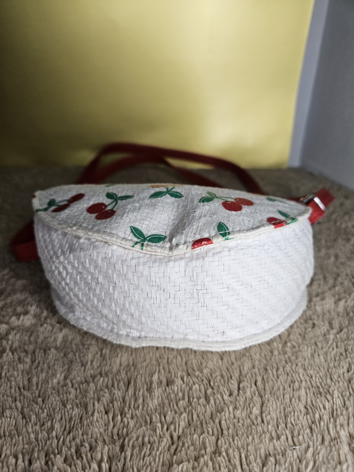 Small Round Cherry Print Crossbody Bag Red Top Handle Detachable Strap Snap
