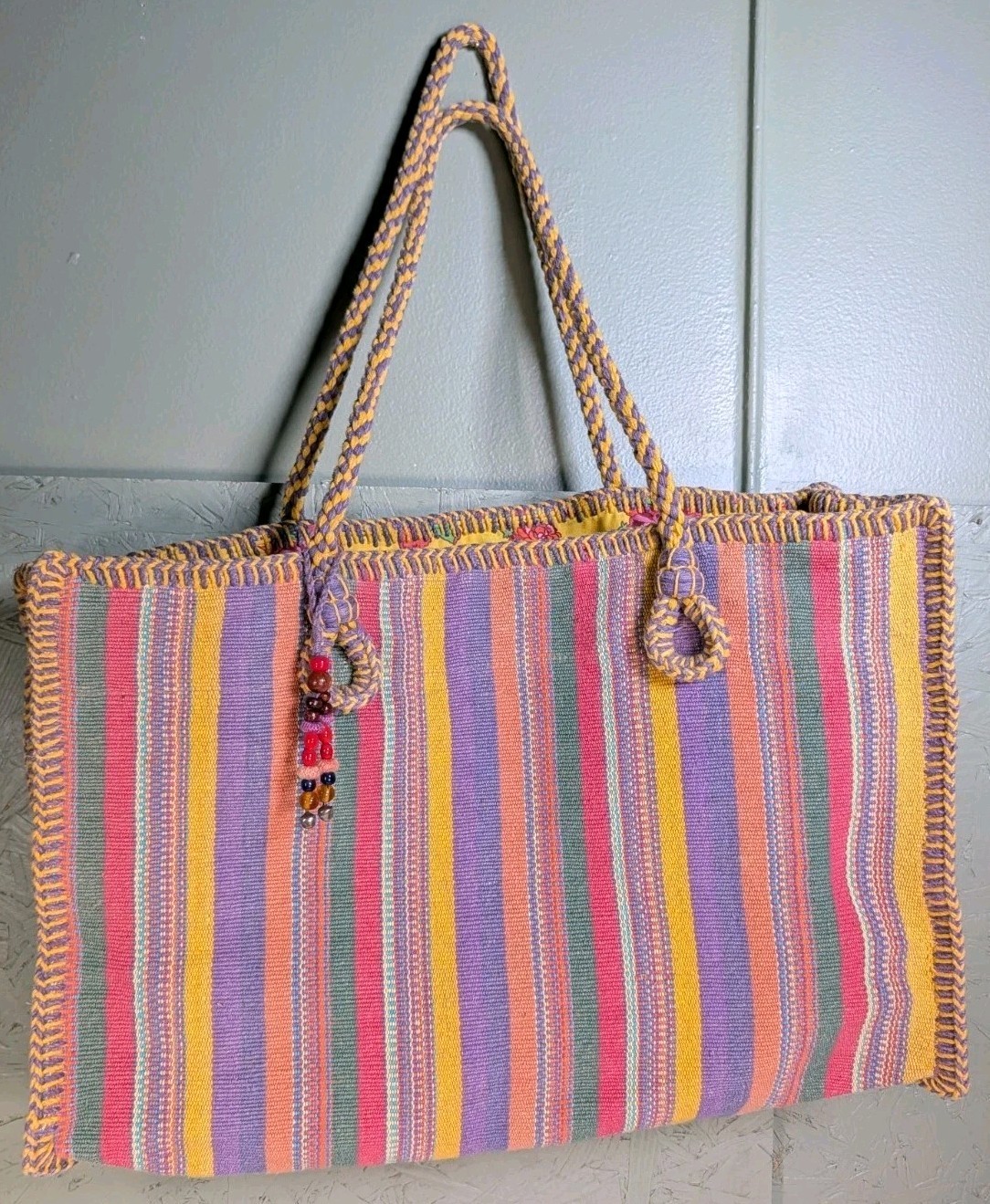 Catstudio Boho Coastal Beach Resort Woven Striped Tote Drawstring Lined Bag