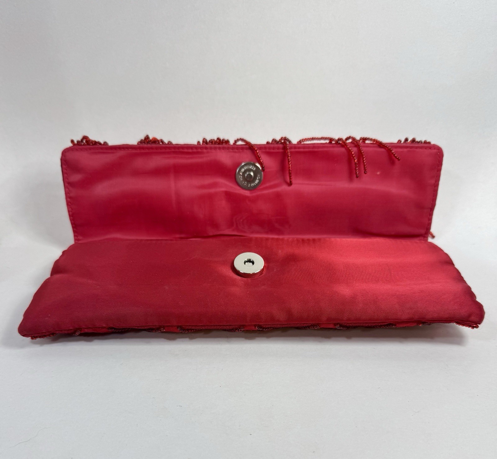 Suzy Smith Red Clutch Purse Evening Bag Fabric Rose Bead Embellished Vtg 10” R75