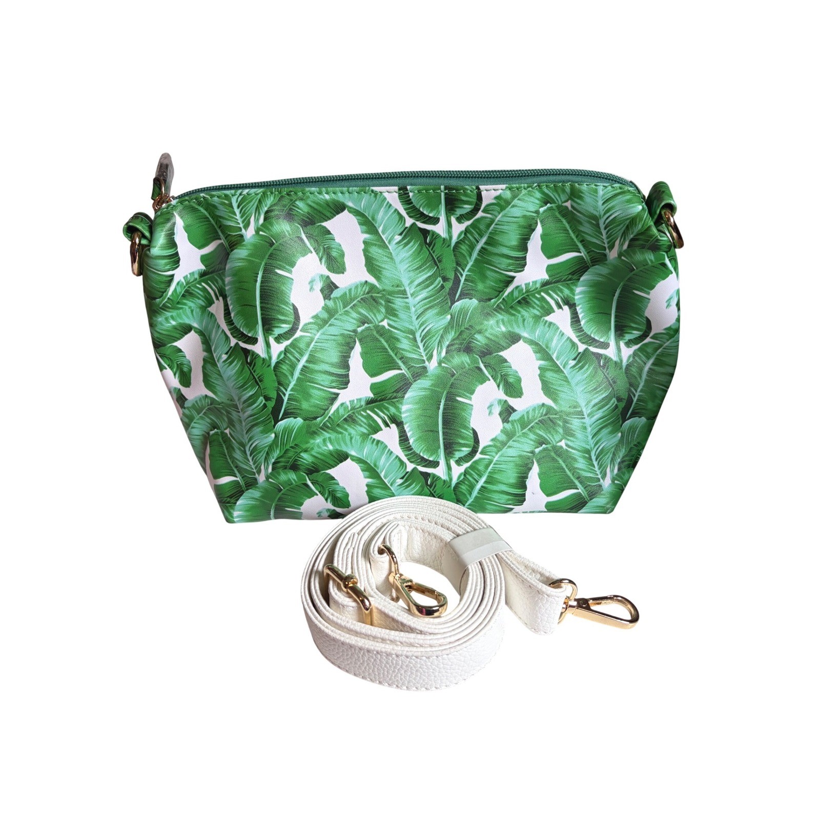 IWM Banana Leaf Print Green Tropical Palm Clutch White Strap 11.5″ W X 7″ tall