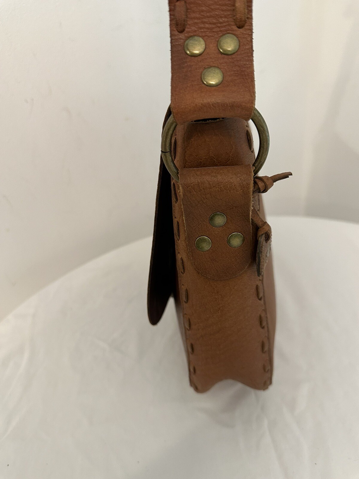 El Portal Brown Leather Tooled Whipstitched Saddle Shoulder Handbag