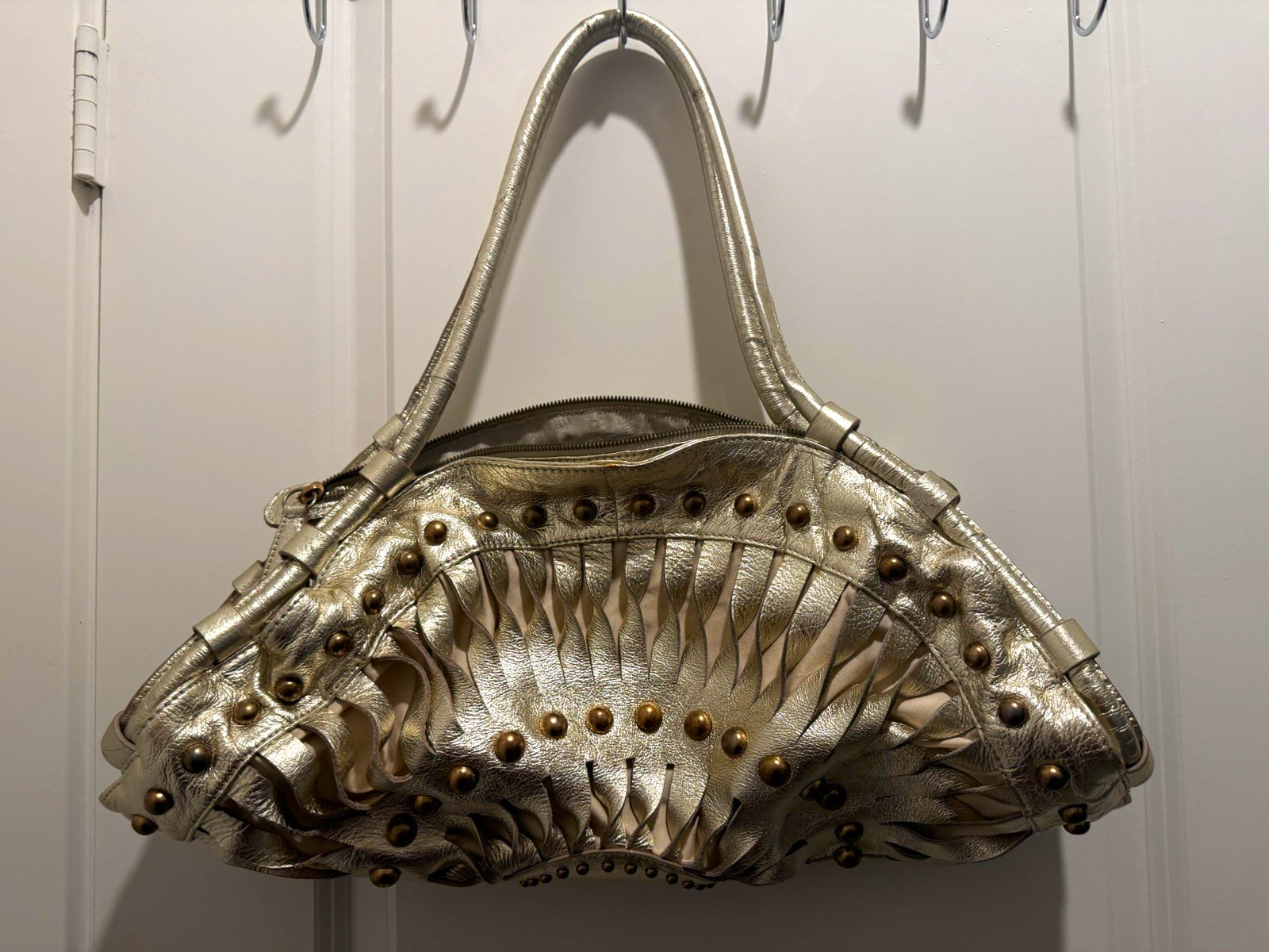 Just Cavalli Metallic Gold Studded Braided Top Handle Satchel Bag, Medium