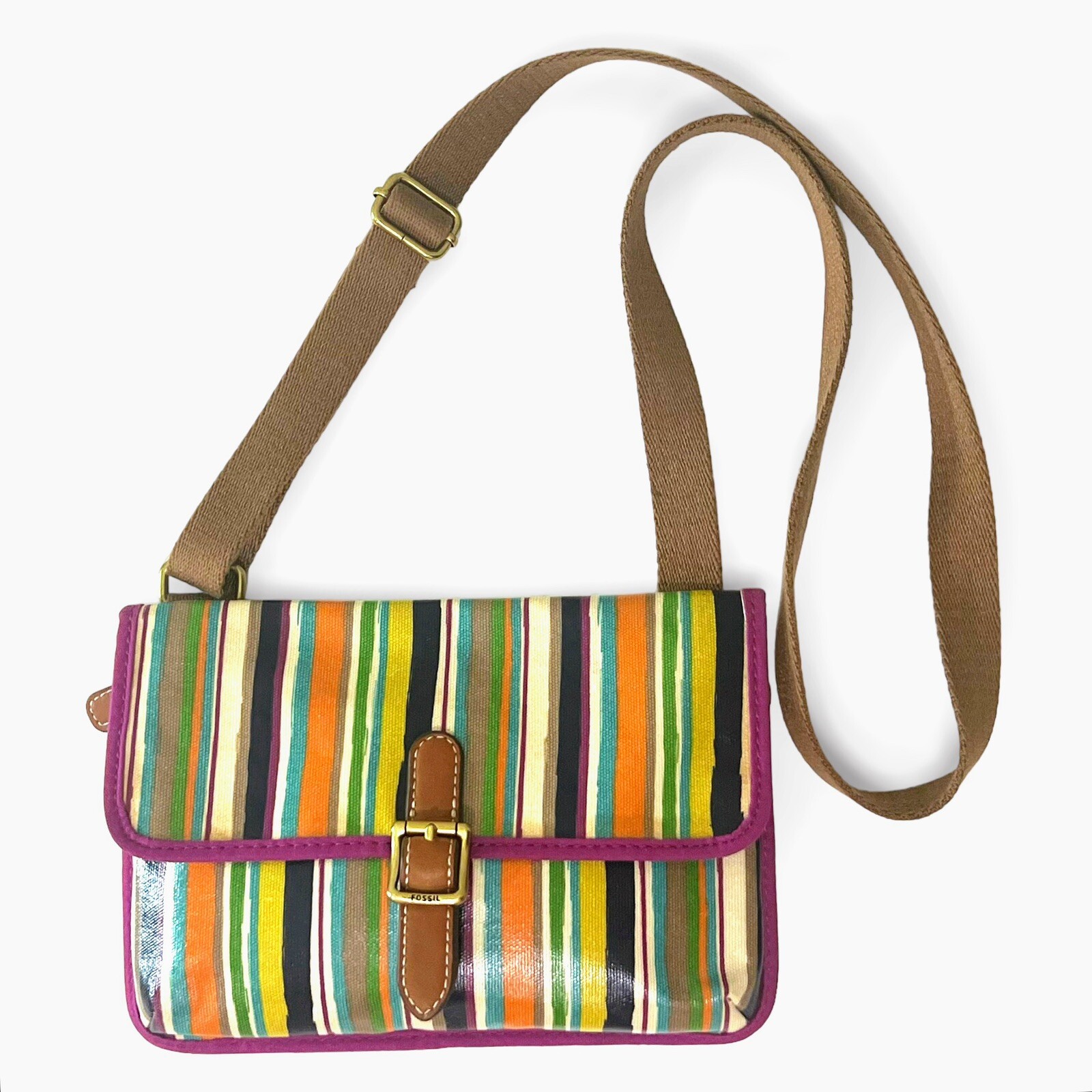 Fossil Multicolor Striped Coated Canvas Leather Mini Crossbody Bag