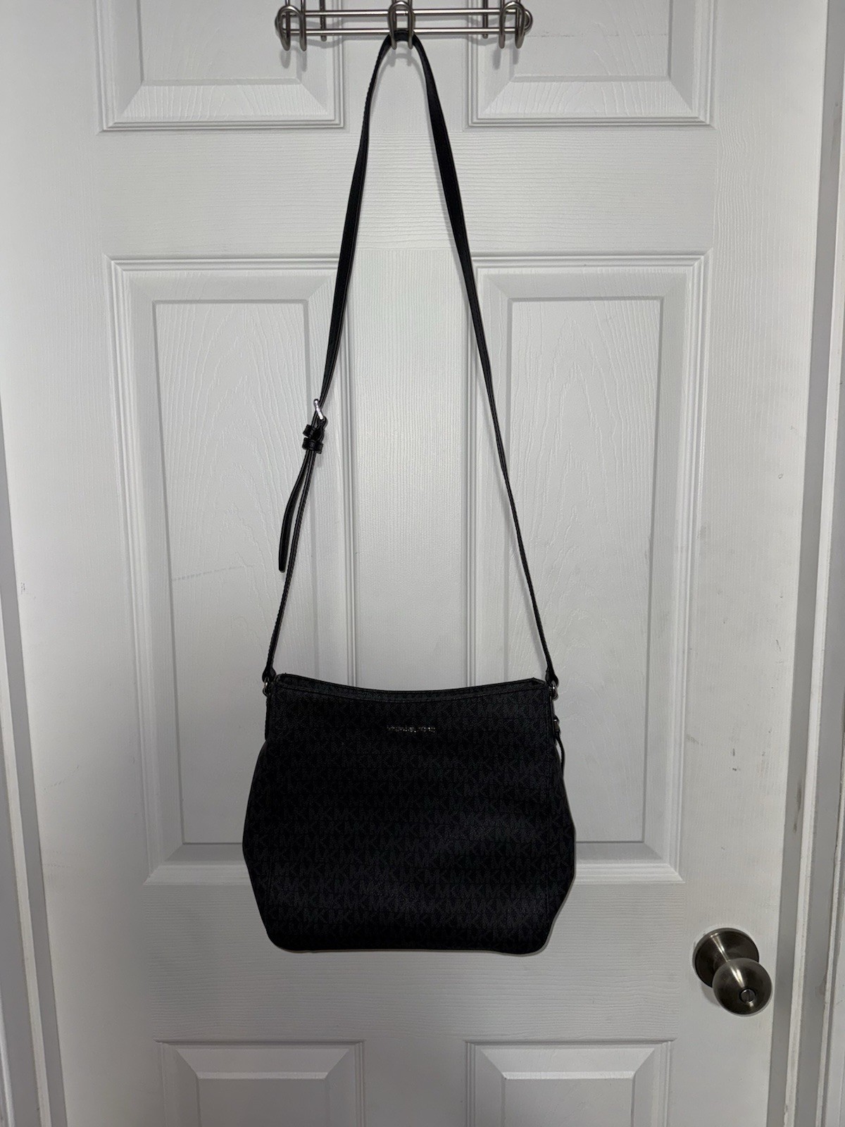 Michael Kors Black Logo Print Shoulder Bag Zip Closure Silver Hardware MK Charm