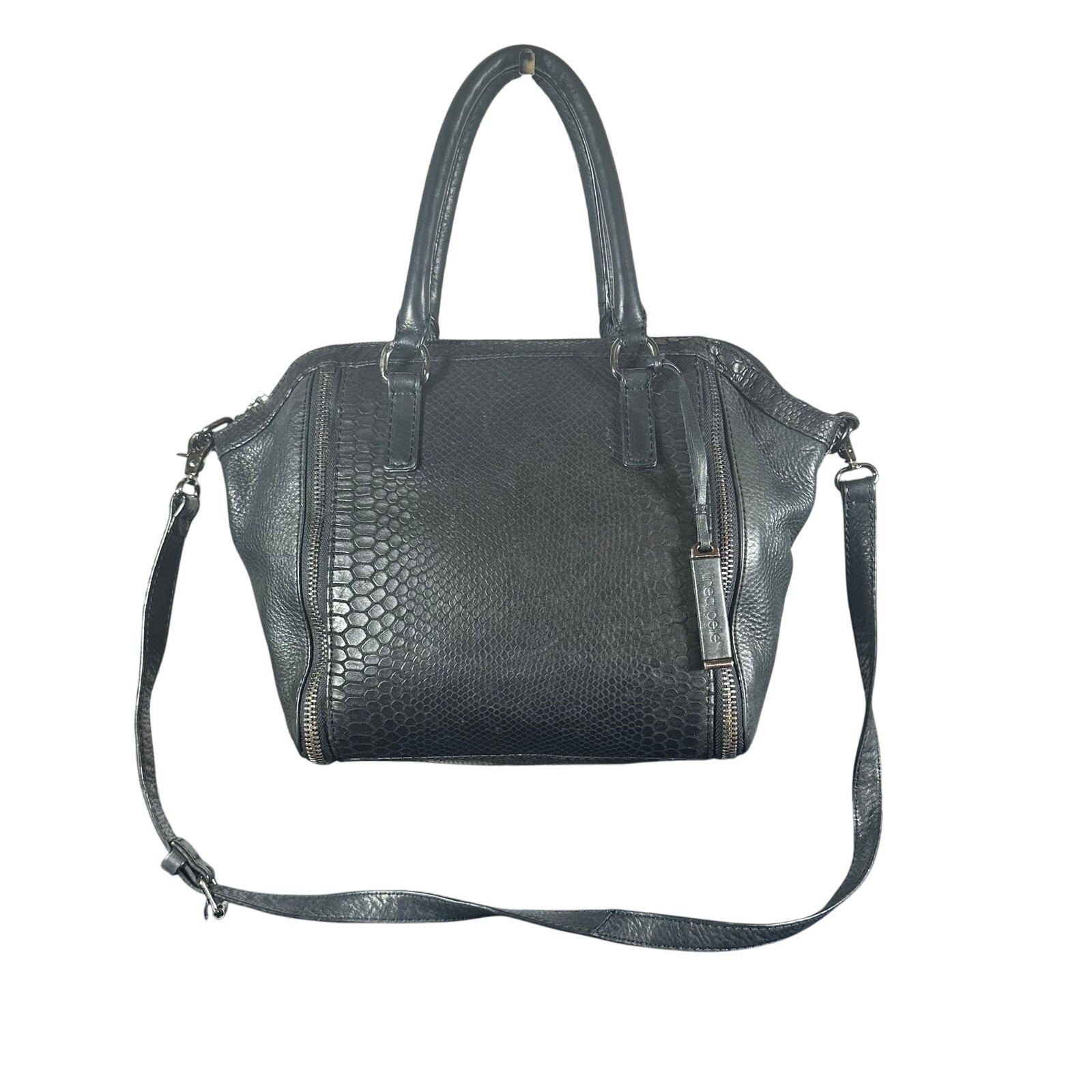 Linea Pelle Black Leather Handbag Tote Purse Croc Embossed Satchel crossbody
