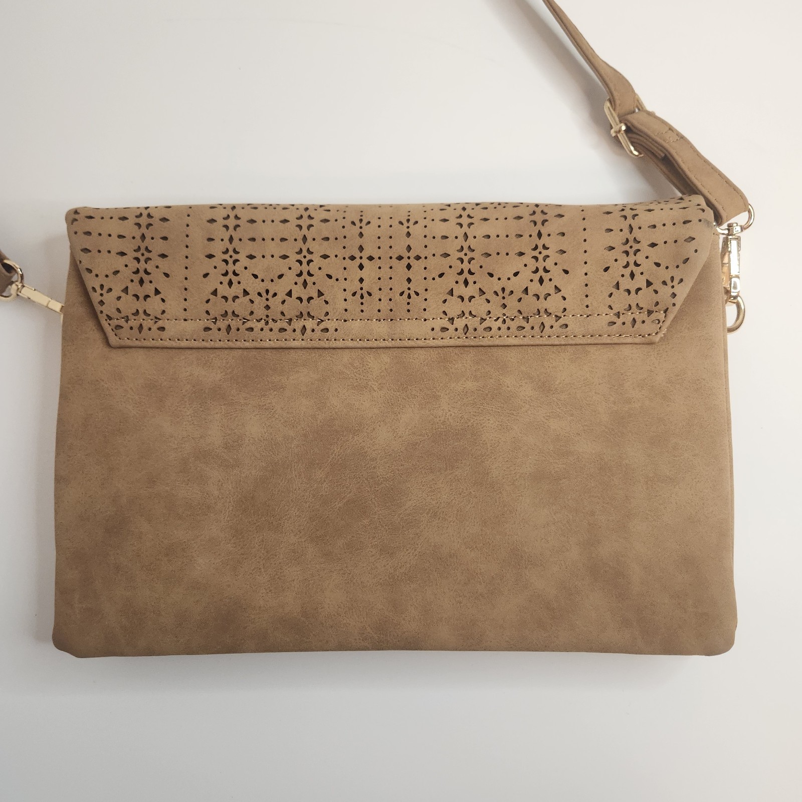 Tan Faux Suede FoldOver Crossbody Laser Cut Purse 11.5″ x 7.25″ Adjustable Strap